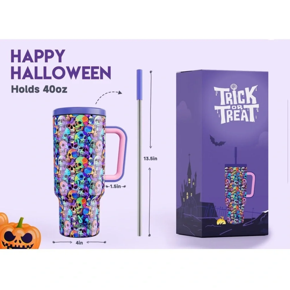 NWT Meoky 40 oz Halloween Tumbler with Handle and Straw C73 - Picture 3 of 5